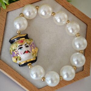 Bracciale perle bianche e ceramica di Caltagirone, bracciale siciliano