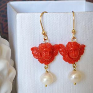 Orecchini cammeo corallo e perle goccia bianche , orecchini argento 925 , gioielli italiani