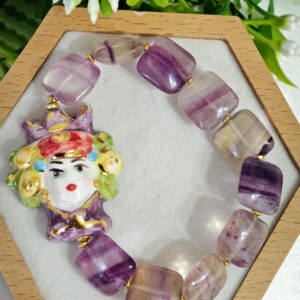 Bracciale testa di moro ceramica di Caltagirone con pietre dure fluorite, bracciale siciliano