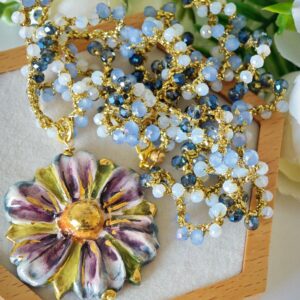 Collana fiore ceramica di Caltagirone e cristalli , collana rosario siciliana