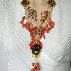 Collana "SICILIA BELLA " con ceramica Caltagirone, corallo naturale mediterraneo e pietra lavica, collana siciliana