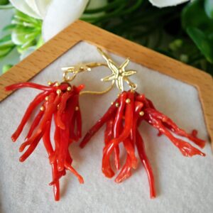 Orecchini corallo rosso naturale , orecchini stelle marine argento 925 placcato oro , gioielli italiani