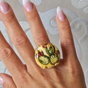 Anello ceramica Caltagirone e ottone dorato , anello siciliano maxi