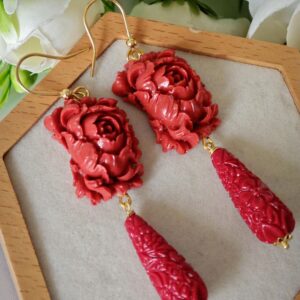 Orecchini rose corallo rosso, orecchini goccia corallo, orecchini argento 925 , gioielli italiani