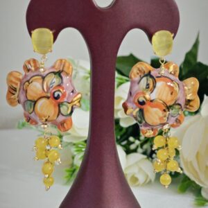Orecchini pesci ceramica Caltagirone , orecchini pietre agata gialla , orecchini siciliani