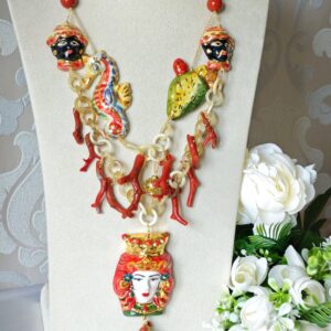 Collana SICILIA BELLA con ceramica di Caltagirone e corallo rosso naturale  , collana siciliana maxi