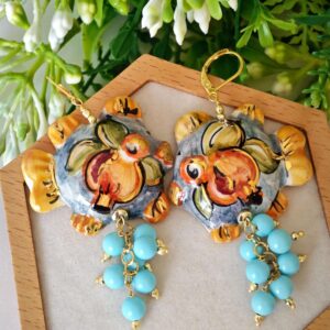 Orecchini pesci ceramica di Caltagirone, orecchini perle turchese  , orecchini siciliani