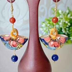 Orecchini borsetta ceramica di Caltagirone, pietre quarzo rosa e coccinelle argento 925 placcato oro,orecchini siciliani