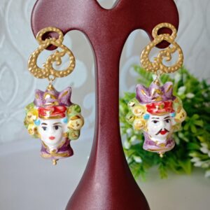 Orecchini teste di moro ceramica Caltagirone, orecchini fiori , orecchini siciliani,  orecchini maxi