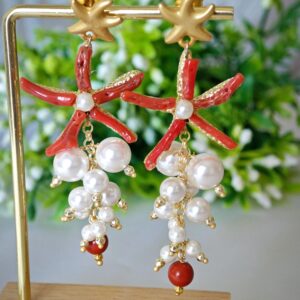Orecchini corallo rosso mediterraneo e perle bianche, orecchini fiori , orecchini pendenti
