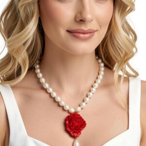 Collana girocollo perle bianche con pendente rosa pasta di corallo rosso , gioielli italiani