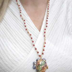 Collana pesce ceramica di Caltagirone e cristalli , collana rosario siciliana