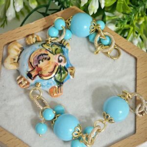 Bracciale pesce in ceramica di Caltagirone con perle turchese , bracciale siciliano