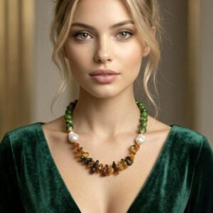 Collana girocollo pietre giada nefrite e ambra baltica, collana maxi , collana moderna