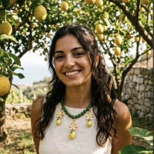 Collana ceramica Caltagirone, collana siciliana fiori e limoni con pietre dure giada verde