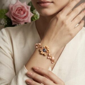 Bracciale fiore in ceramica di Caltagirone con perle pasta di corallo rosa , bracciale siciliano