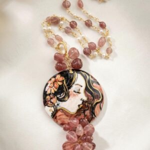 Collana ceramica di Caltagirone, collana rosario con pietre dure quarzo rosa e perle bianche, collana siciliana