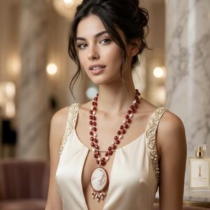 Collana cammeo conchiglia sardonica con pietre dure agata rossa e perle bianche , gioielli italiani