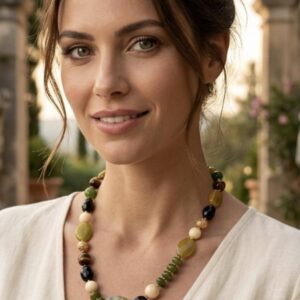 Collana pietre dure giada verde e onice , collana girocollo