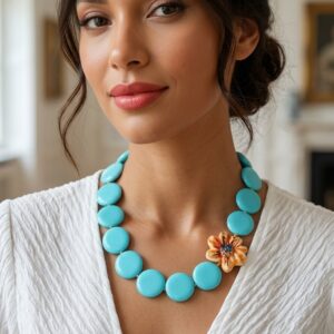 Collana fiore in ceramica di Caltagirone con perle turchese, collana girocollo, collana siciliana